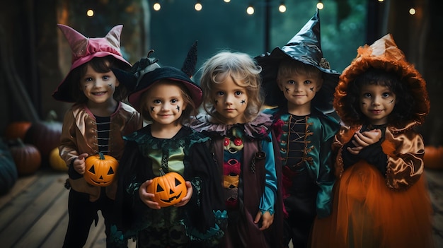 Um grupo de crianças vestidas com trajes de halloween generative ai