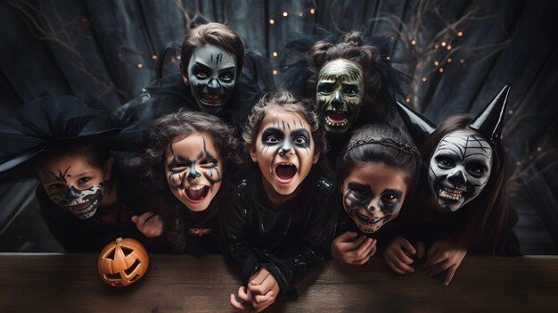 Um grupo de crianças vestidas com trajes de halloween generative ai