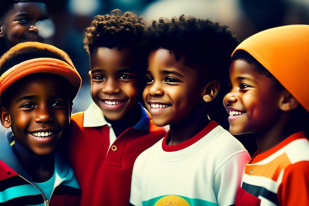 Um grupo de crianças vestindo uniformes vermelhos e azuis com o número 4 neles