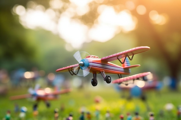 Um grupo de crianças voando em aviões de brinquedo em um parque Brinquedos do dia das crianças