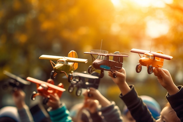 Um grupo de crianças voando em aviões de brinquedo em um parque Brinquedos do dia das crianças