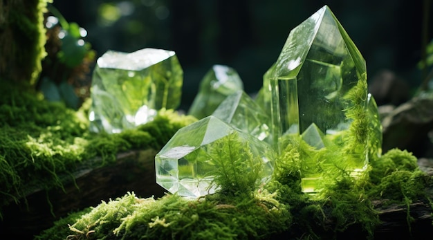 um grupo de cristais transparentes em musgo