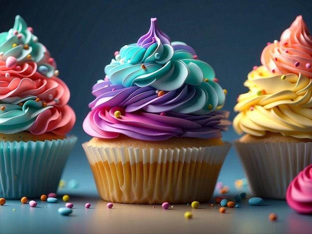 Um grupo de cupcakes com cobertura de cores diferentes Imagem gerada por AIG