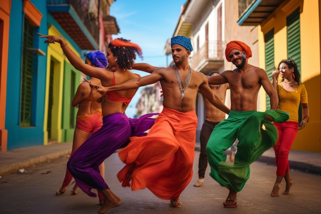 Um grupo de dançarinos de salsa vestidos com cores vibrantes Criados com tecnologia generativa de IA