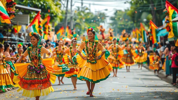 Foto um grupo de dançarinos em trajes coloridos executa uma dança tradicional durante um festival