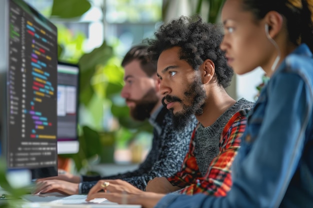 Um grupo de desenvolvedores, homens e mulheres, trabalhando juntos para programar um site de comércio eletrônico