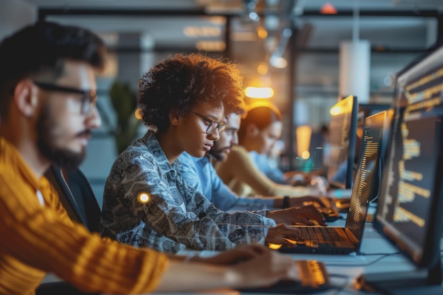 Foto um grupo de desenvolvedores, homens e mulheres, trabalhando juntos para programar um site de comércio eletrônico