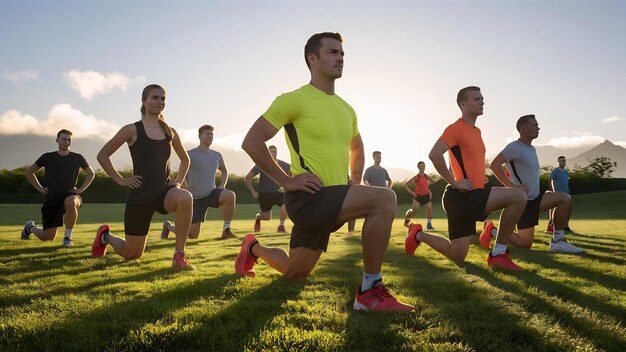 Foto um grupo de desportistas dedicados a aquecer-se e fazer lunges ao ar livre pela manhã