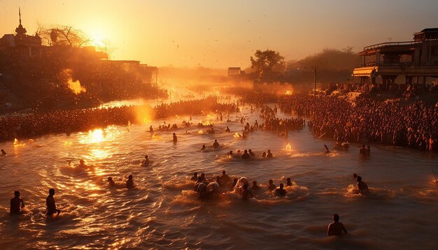 Um grupo de devotos tomando um mergulho sagrado em uma configuração de rio em Makar Sankranti com o início da manhã su