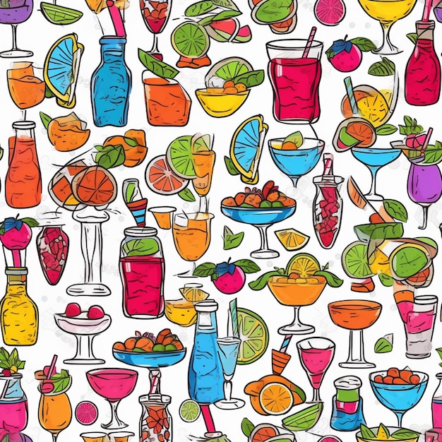 Um grupo de diferentes bebidas coloridas e bebidas em copos generative ai