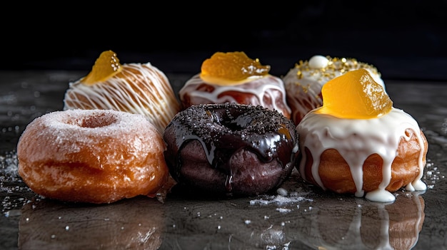 Um grupo de diferentes tipos de donuts em cima