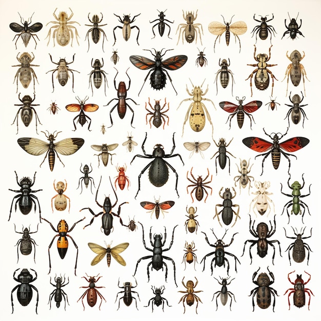 Um grupo de diferentes tipos de insetos em um fundo branco
