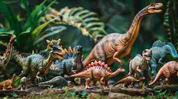 Foto um grupo de dinossauros está caminhando por uma floresta exuberante os dinossauros são todos de diferentes tamanhos e formas e todos estão à procura de comida