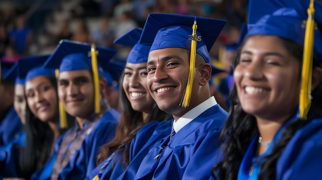 Foto um grupo de diversos graduados do ensino médio com chapéus e vestidos azuis sorriem para a câmera durante sua cerimônia de formatura
