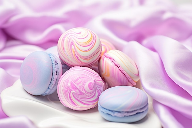 Foto um grupo de doces coloridos estão em um cobertor rosa