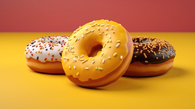 Um grupo de donuts com glacê amarelo e granulado em um fundo amarelo.