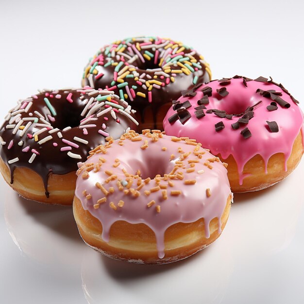 Foto um grupo de donuts com glasura rosa e salpicaduras