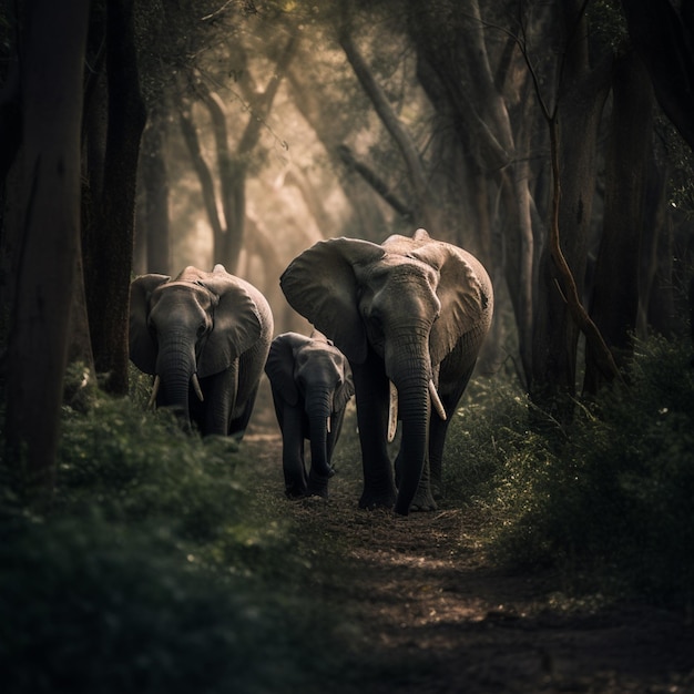 Um grupo de elefantes caminha por uma floresta com o sol brilhando sobre eles.