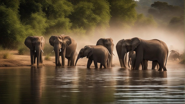 Um grupo de elefantes fofos no lindo lago na selva