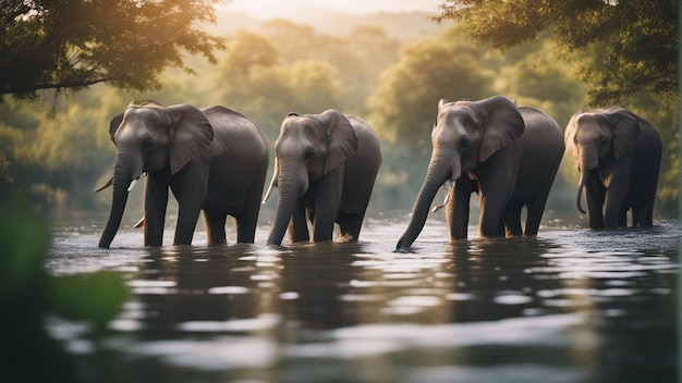 Um grupo de elefantes fofos no lindo lago na selva