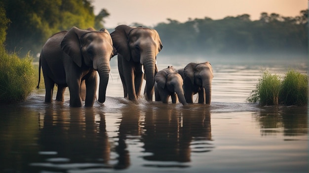 Um grupo de elefantes fofos no lindo lago na selva