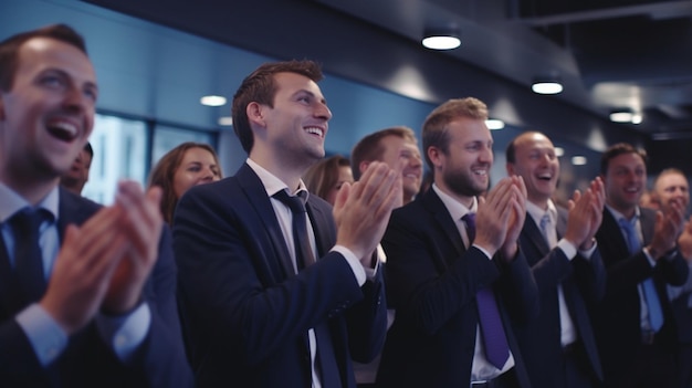 Um grupo de empresários a aplaudir e a aplaudir numa sala de conferências.