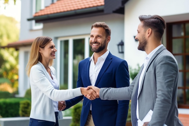 Um grupo de empresários apertando as mãos da palavra quot no fundo de uma casa