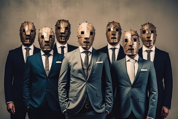 Um grupo de empresários de terno usando máscaras de madeira em vez de rostos é uma imagem surreal e perturbadora que pode representar o anonimato e a conformidade da cultura corporativa Generative AI