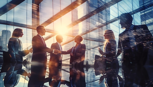 um grupo de empresários em uma reunião com o sol atrás deles