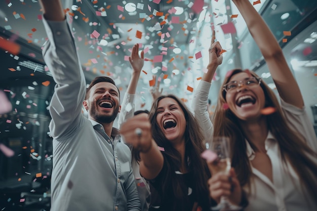 Foto um grupo de empresários felizes a celebrar o sucesso com as mãos levantadas no escritório com ia gerada