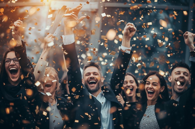 Um grupo de empresários felizes a celebrar o sucesso com as mãos levantadas no escritório com IA gerada