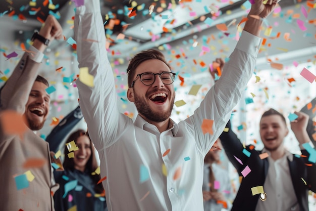 Um grupo de empresários felizes a celebrar o sucesso com as mãos levantadas no escritório com IA gerada