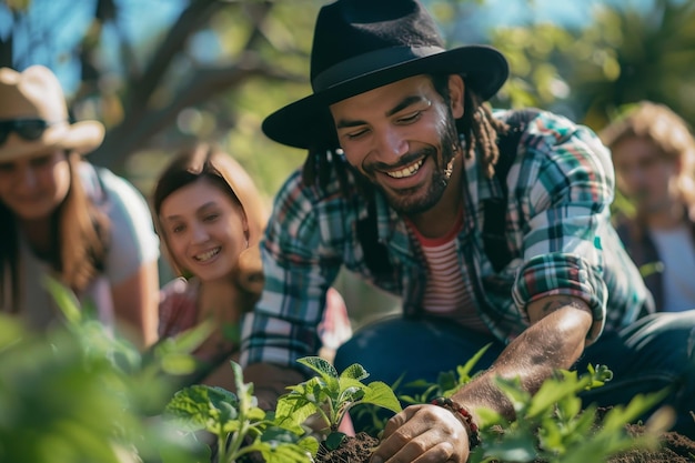 Um grupo de empresários felizmente plantando e cuidando de um jardim comunitário cuidando de plantas e desfrutando do ar livre