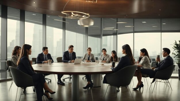 um grupo de empresários sentados ao redor de uma mesa em uma sala de conferências