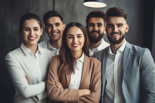 Um grupo de empresários sorrindo e olhando para a câmera