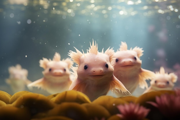 Foto um grupo de encantadores axolotls flutuando graciosamente 00244 01