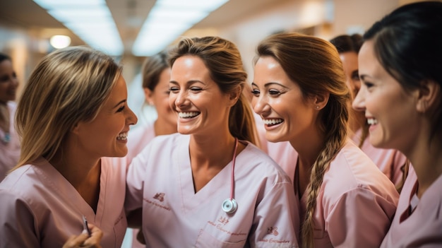 Um grupo de enfermeiras estão rindo e sorrindo em um corredor do hospital