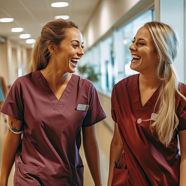 Um grupo de enfermeiras sorrindo enquanto se movem por um corredor do hospital