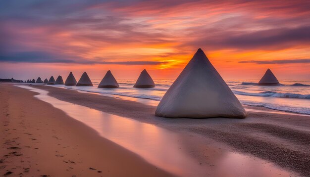 Um grupo de esferas metálicas estão alinhadas na praia ao pôr do sol