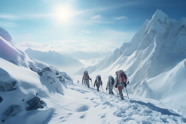 um grupo de esquiadores de cross-country fazendo o seu caminho através de neve