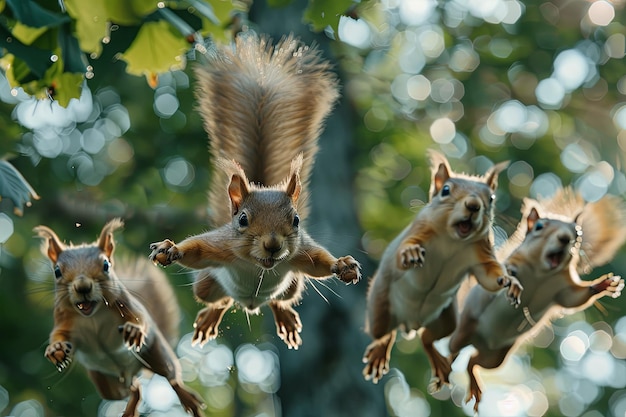 Um grupo de esquilos a fazer um ballet sincronizado de bolotas nas copas das árvores a saltar e a girar com precisão.