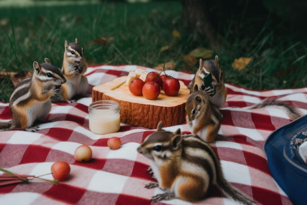 Um grupo de esquilos sentados em uma toalha de piquenique Imagem generativa de IA