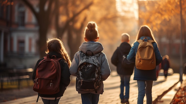 Um grupo de estudantes caminha por uma rua com um letreiro que diz: