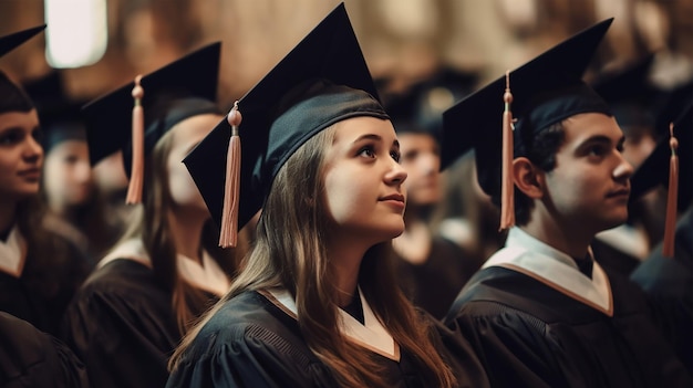 Um grupo de estudantes com bonés e becas de formatura olha para a câmera.