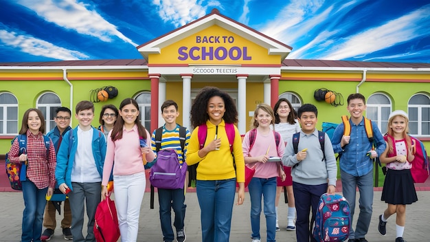 um grupo de estudantes com mochilas e mochilas na frente de um sinal que diz de volta para trás