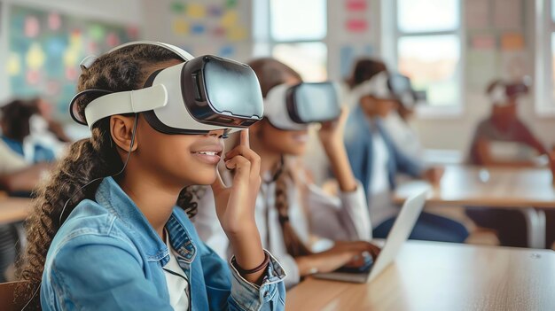 Um grupo de estudantes diversos usando fones de ouvido de realidade virtual em uma sala de aula, todos eles estão olhando para algo no mundo virtual.