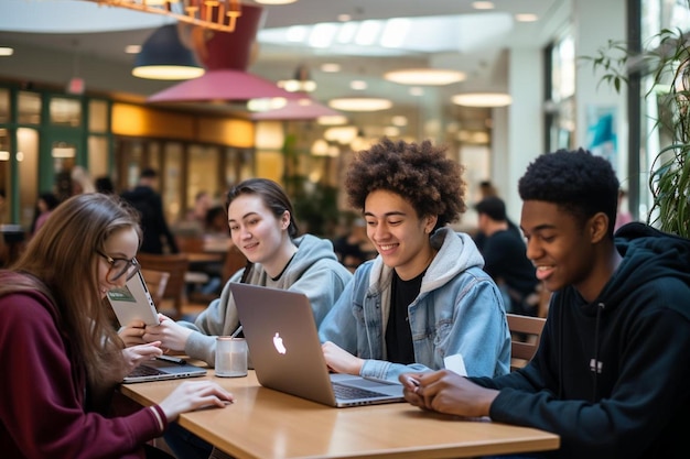 Um grupo de estudantes está sentado em uma mesa com um laptop e um letreiro que diz " Bem-vindo para trás. "