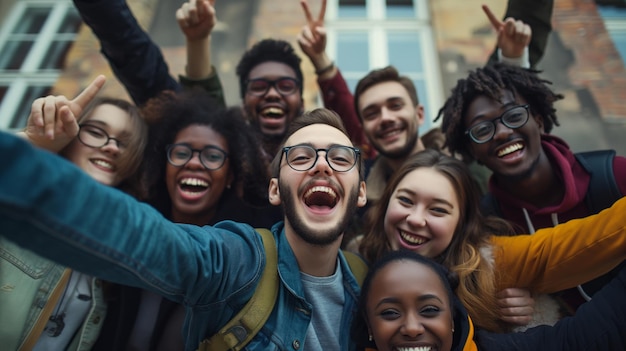 Um grupo de estudantes exuberantes celebra com os punhos levantados e grandes sorrisos marcando o fim de seus exames