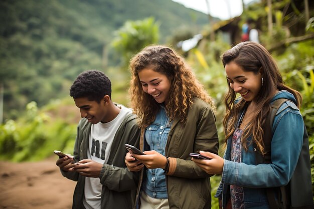 um grupo de estudantes olhando para seus telefones