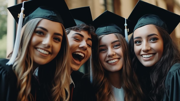 Um grupo de estudantes usando bonés e becas de formatura está sorrindo e rindo